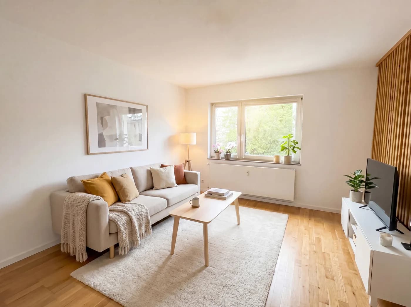 Virtual Staging Modernes Wohnzimmer Nachher – KI-Aufwertung Immobilie Frankfurt